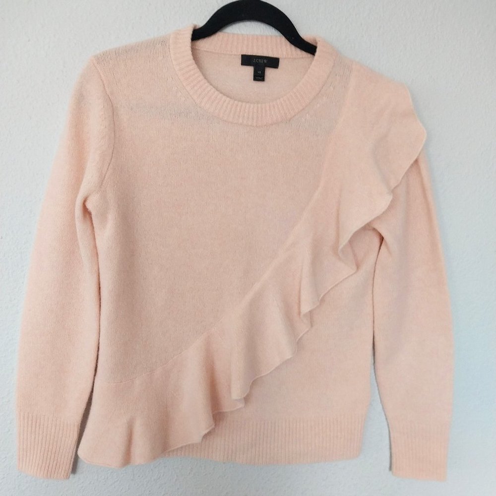 J. Crew Pink 100% Merino Wool Ruffle Long Sleeve Crew Neck Sweater NWOT